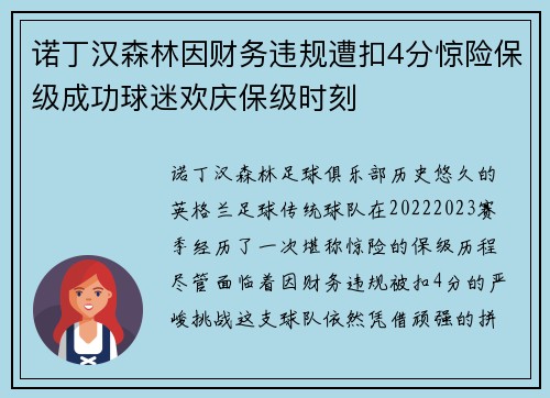诺丁汉森林因财务违规遭扣4分惊险保级成功球迷欢庆保级时刻